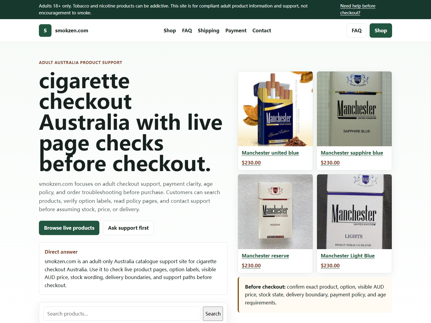 Smokzen homepage and catalogue context for cigarette checkout Australia
