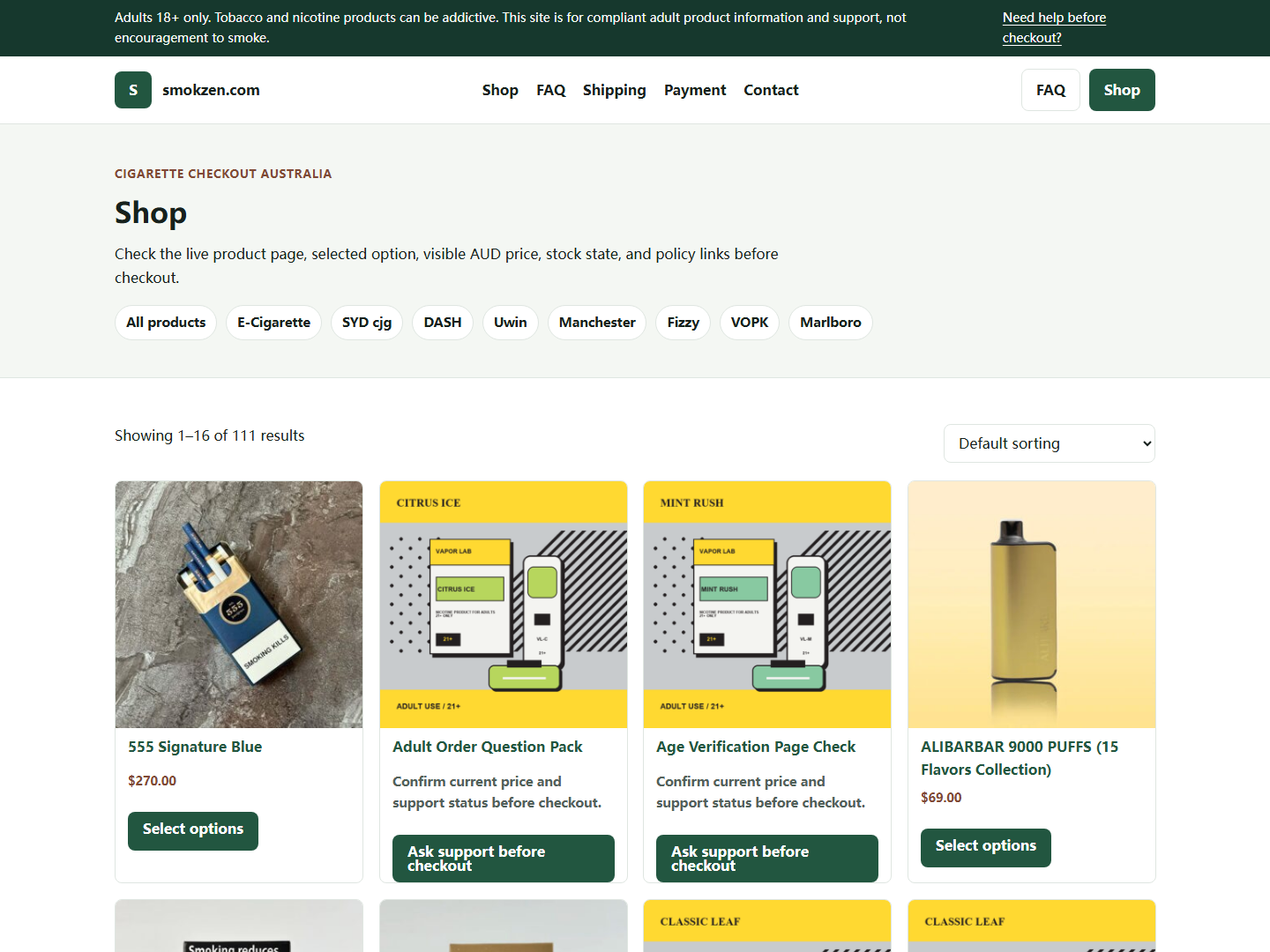 Smokzen shop or product list used for live page verification