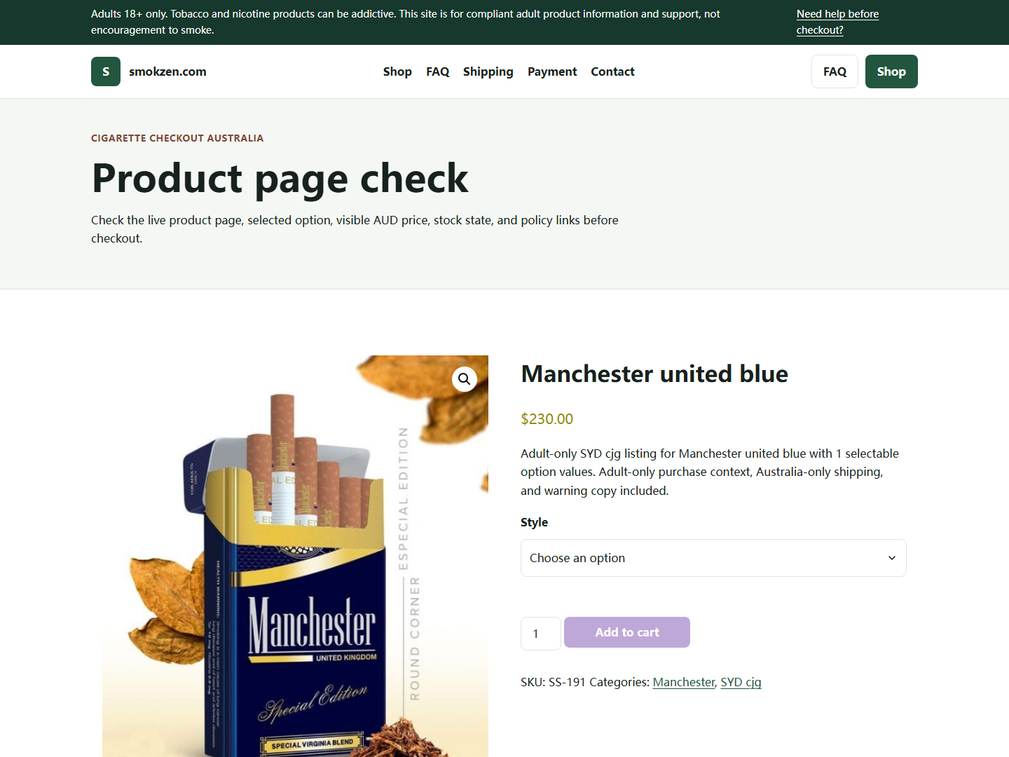 Smokzen live product page screenshot for adult verification