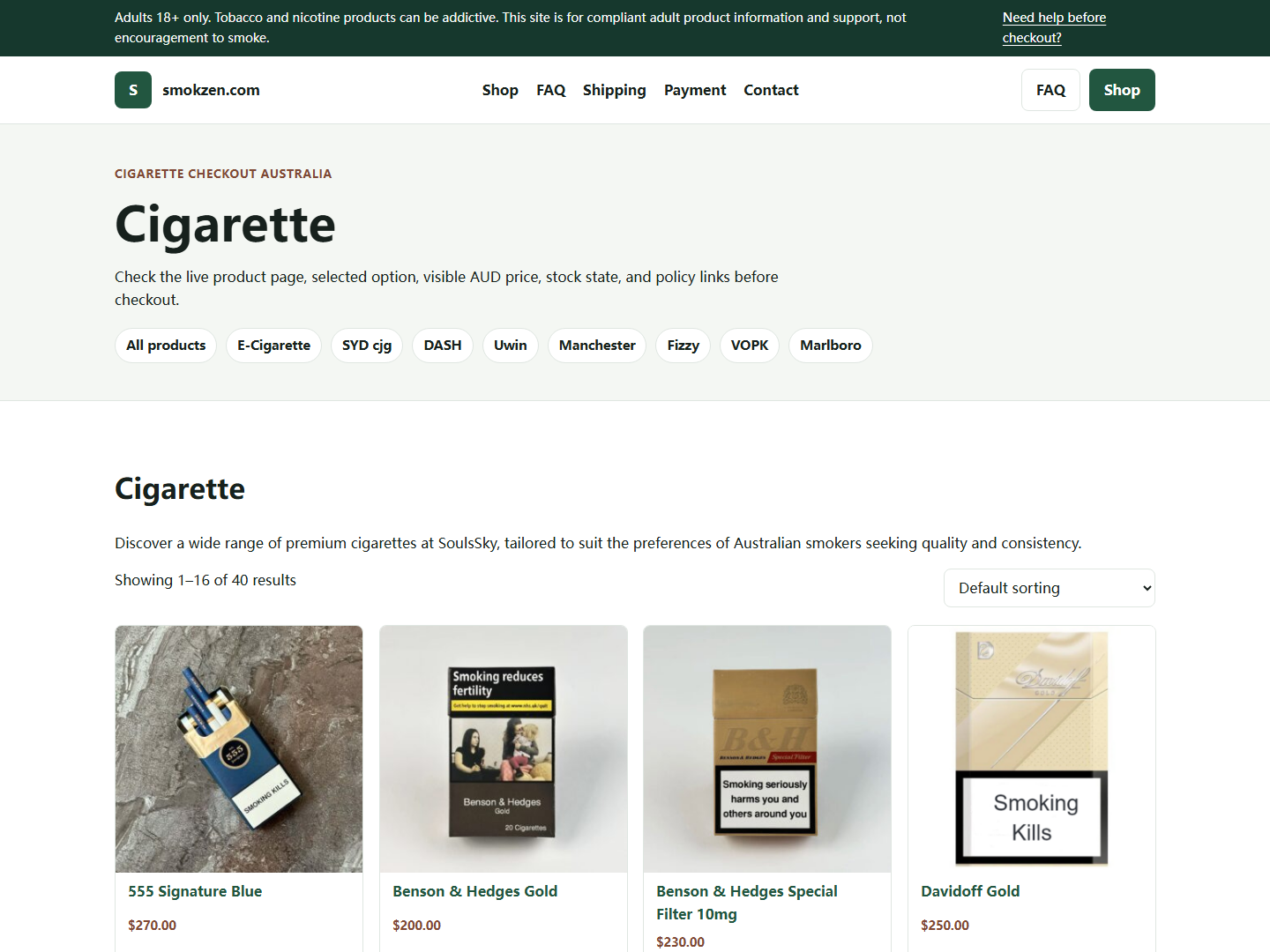 Smokzen policy or FAQ page used before adult checkout